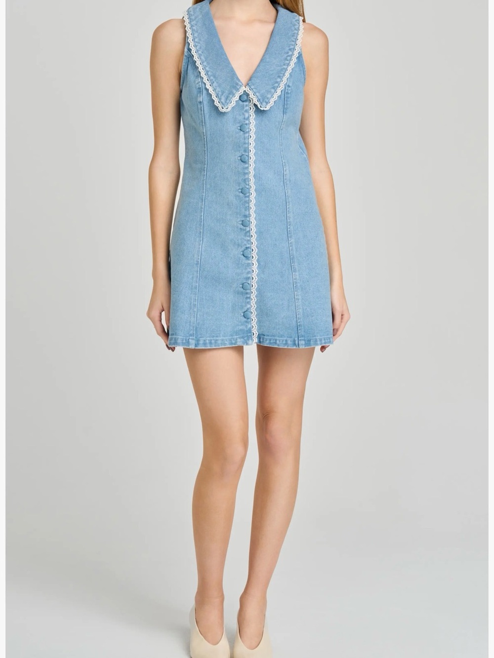 Wayf Light Blue Denim Mini Dress with Lace-Trim V Collar